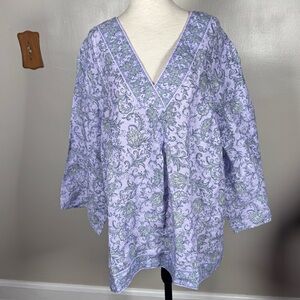 NWT J. Jill Plus Size 2X Purple Paisley 100% Linen 3/4 Sleeve V Neck Popover Top